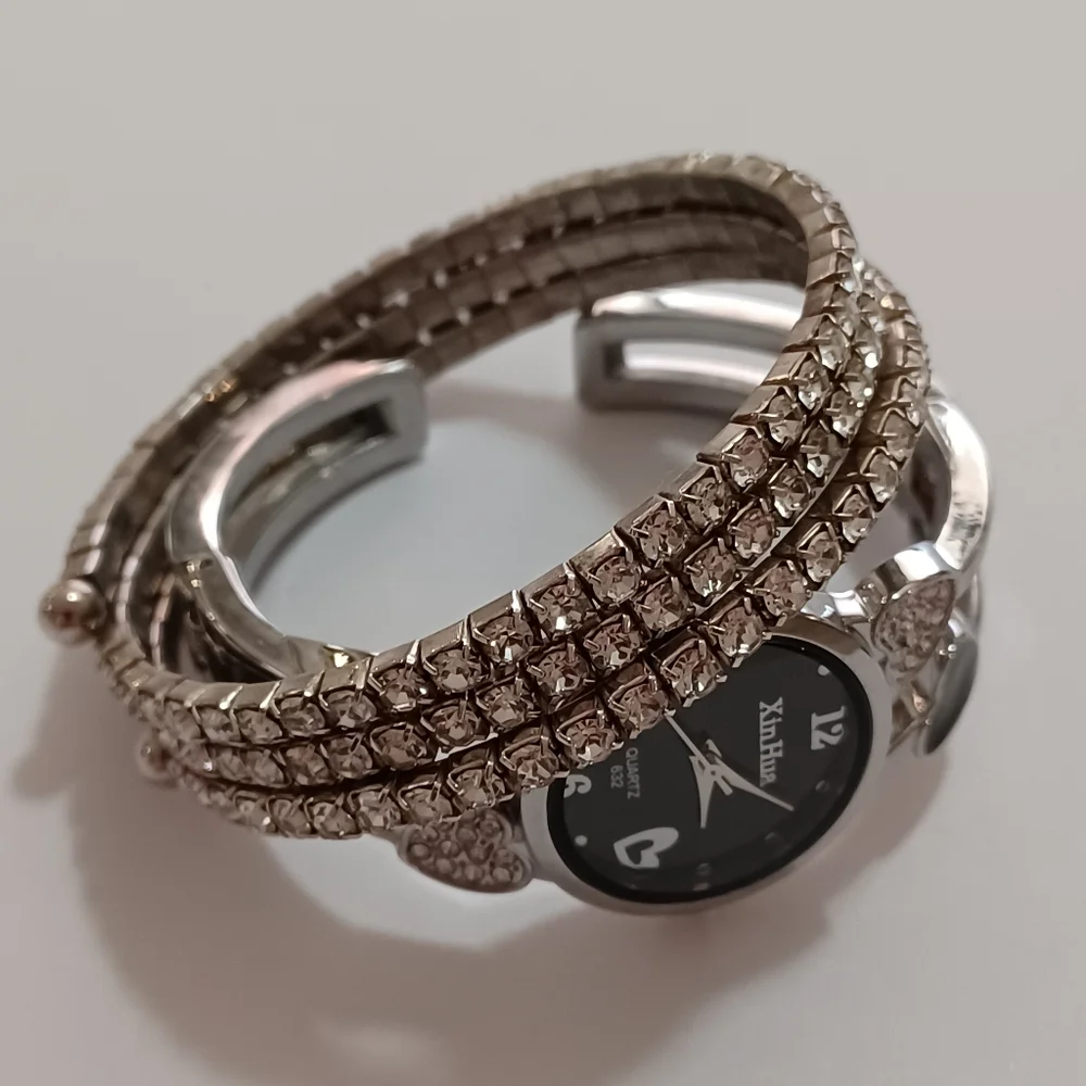 Bundle Of Silver Watch, Bracelet, Hearts Dangle Earrings 3 Piece Jewelry Set